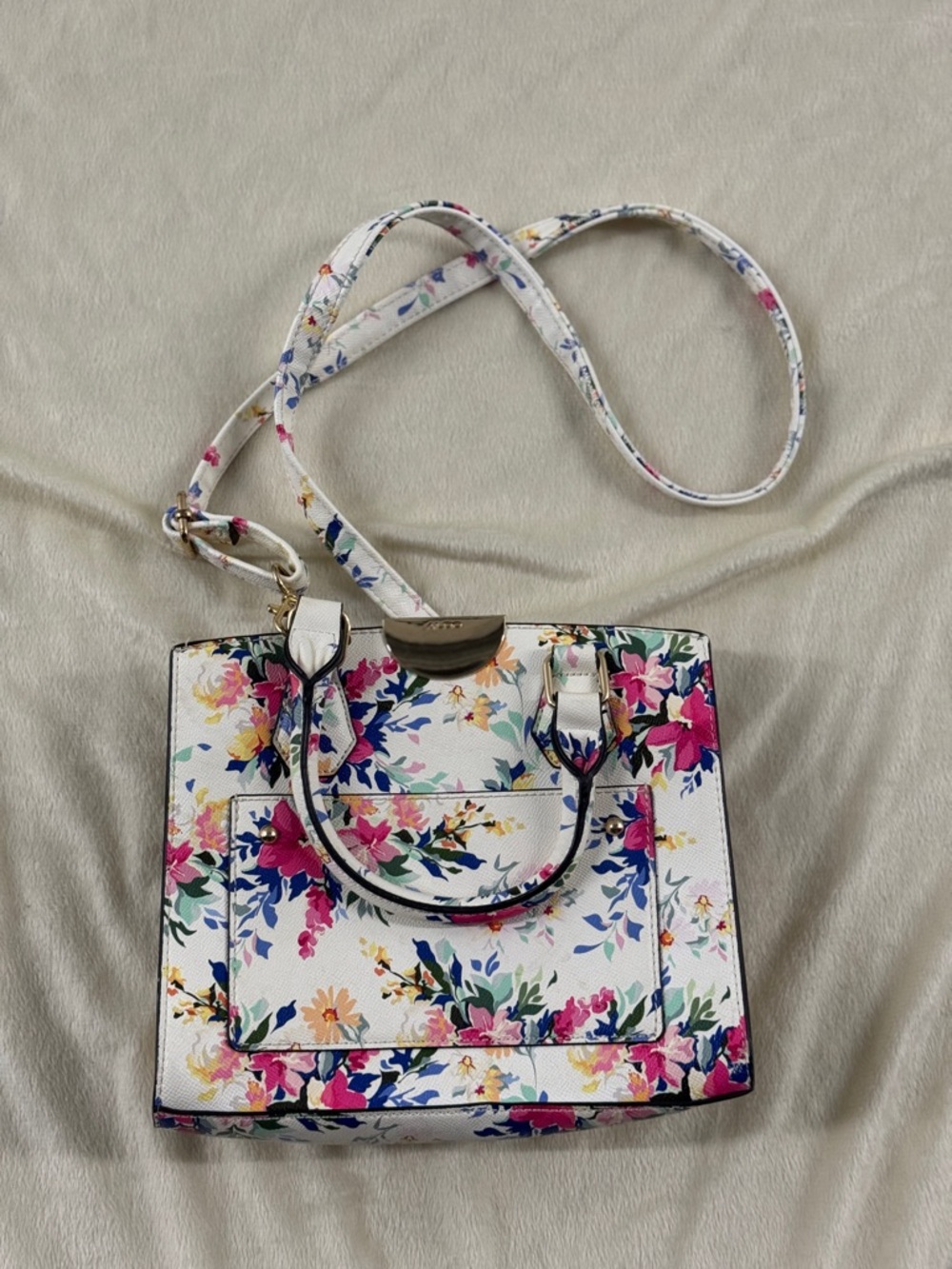 Aldo White Floral Satchel with Pink & Blue Accents